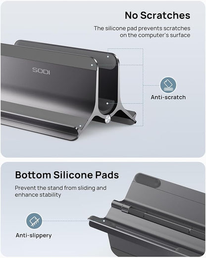 SODI Vertical Laptop Stand for Desk, Aluminum Laptop Holder Compatible with MacBook Pro, MacBook Air Stand Up to 17 inch, Gravity Auto-Lock Cooling, 3in1 Space Saving Desk Organizer Accessories, Gray