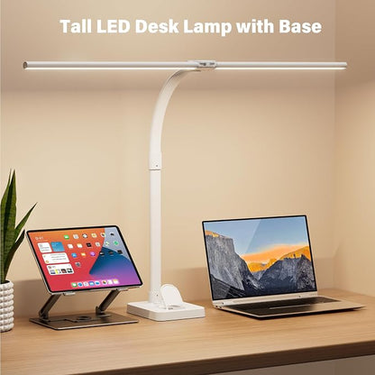 LED Desk Lamp with Base - Bright Dimmable Computer Lamp with Phone Holder, 24W Bendable Desk Light for Monitor Screen, Eye-Caring Tall Desktop Light for Task Home Office Work, White, Dual Head