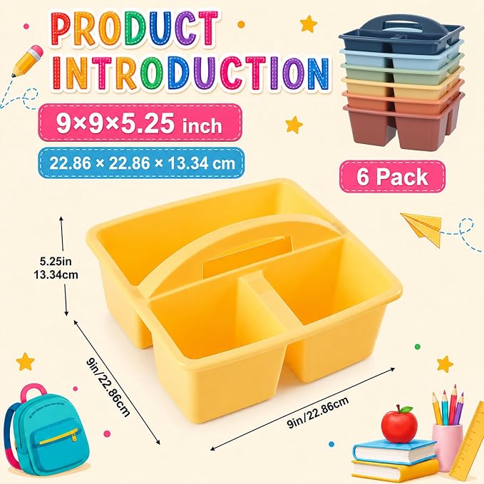 6 Pack 3 Compartment Small Caddy Plastic Classroom Organizer with Handle Portable Teacher Supply Storage Caddy Craft Art Caddies for Pencil, Crayon, Marker, Home, Office, School Supplies(Boho Earthy)