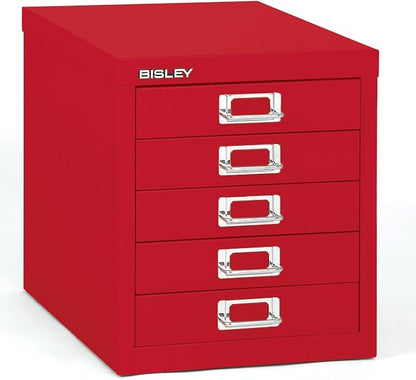 Bisley 5-Drawer Steel MultiDrawer Cabinet - Cardinal Red | Chrome Pull Handles with Label Holders, Powder-Coated Steel, Removable Drawers, Desktop Storage, Labels Included
