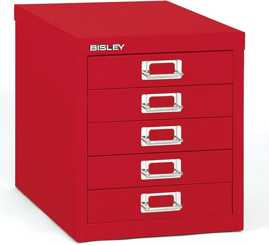Bisley 5-Drawer Steel MultiDrawer Cabinet - Cardinal Red | Chrome Pull Handles with Label Holders, Powder-Coated Steel, Removable Drawers, Desktop Storage, Labels Included