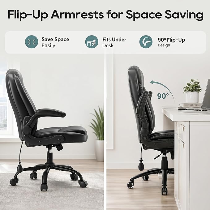 MALOL Leather Office Chair, Computer Desk Chair with Adjustable Lumbar Support, Thick Cushion, Flip-Up Arms and Ergonomic Back, Comfy Executive Office Chair for Home Office Gaming,Black