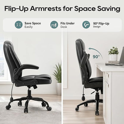 MALOL Leather Office Chair, Computer Desk Chair with Adjustable Lumbar Support, Thick Cushion, Flip-Up Arms and Ergonomic Back, Comfy Executive Office Chair for Home Office Gaming,Black
