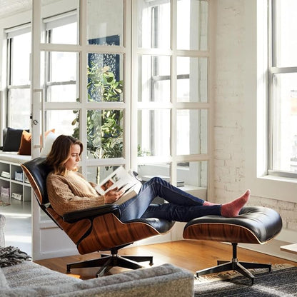 Mid Century Chaise Lounge Chair with Ottoman, Genuine Leather Reading Chair, Modern Chair Classic Design, Heavy Duty Base Support for Living Room Study Lounge Office,Tall Premium, Walnut Black
