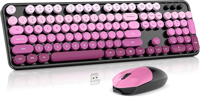 Wireless Keyboard and Mouse Combo, MOWUX Full Size Typewriter Retro Round Computer Keyboard, Cute Optical Mouse Wireless, Plug and Play, for Laptop, PC, Computer-Black Pink Gradient