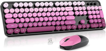 Wireless Keyboard and Mouse Combo, MOWUX Full Size Typewriter Retro Round Computer Keyboard, Cute Optical Mouse Wireless, Plug and Play, for Laptop, PC, Computer-Black Pink Gradient