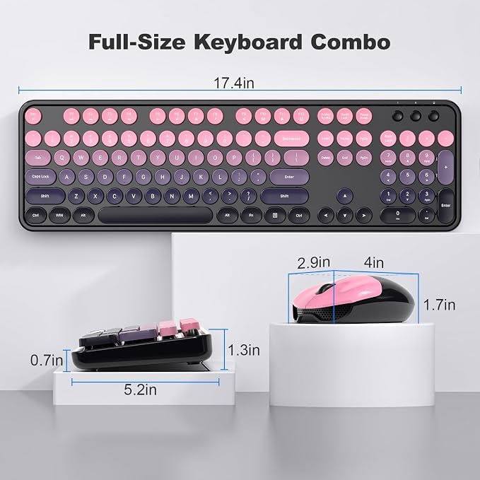 Wireless Keyboard and Mouse Combo, 2.4GHz Gradient Colorful Full-Size Retro Typewriter Keyboard with Wireless Mouse for PC/Desktop/Laptop/Windows (Berry Pink)