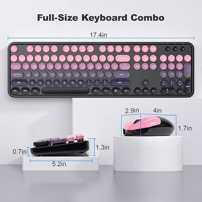 Wireless Keyboard and Mouse Combo, 2.4GHz Gradient Colorful Full-Size Retro Typewriter Keyboard with Wireless Mouse for PC/Desktop/Laptop/Windows (Berry Pink)