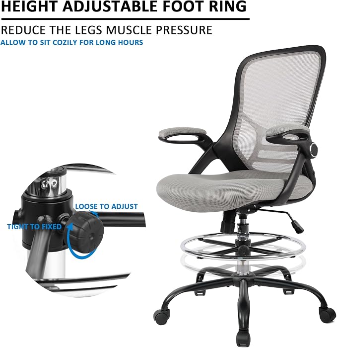 HYLONE Drafting Chair, Tall Office Chair Standing Desk Chair Grey Mesh High-Back Drafting Stool with Flip-Up Arms, Adjustable Foot Ring