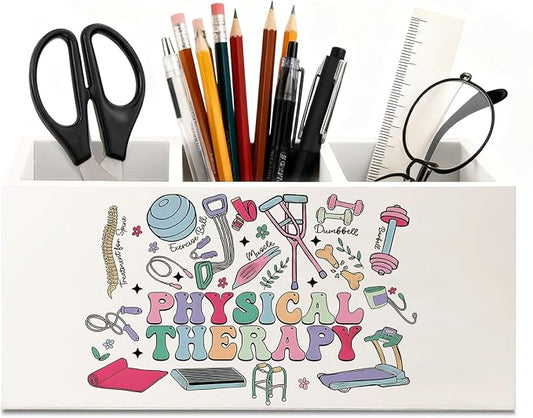 Physical Therapy Gifts Pen Holder for Desk, PT Gifts Wooden Box Sign Desk Decor for Office Home Decoration, Physical Therapist Gift Pencil Organizer, Therapy Office Decor