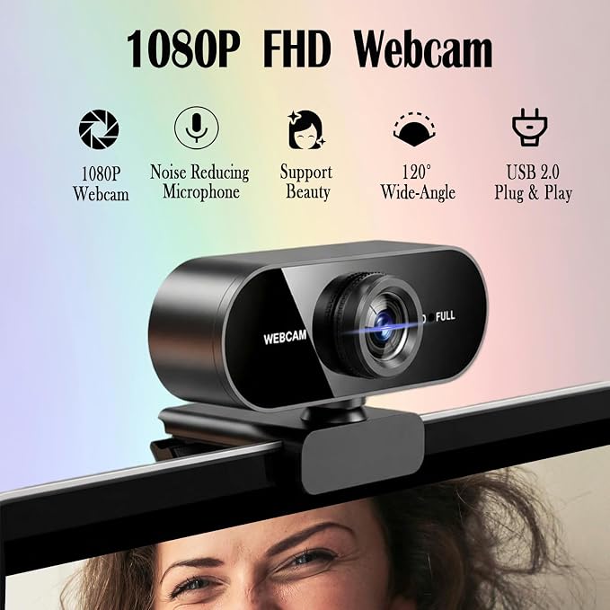 1080P Webcam for PC/Laptop, USB Webcam with Microphone, Noise Cancellation, Support Beauty, Plug & Play with Auto Light Correction for Video Calls, Live Streaming Gaming & Online Meetings