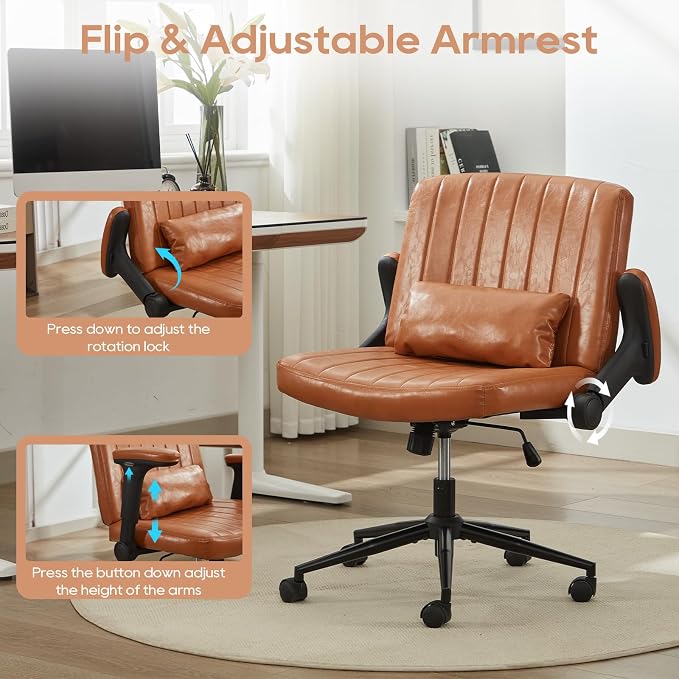 IPKIG Criss Cross Chair with Adjustable Flip-up Arms, Vanity Chair with Wheels, Comfy Desk Chair with Lumbar Pillow Swivel Wide Office Chair for Home Office, Bedroom (PU Leather, Brown)