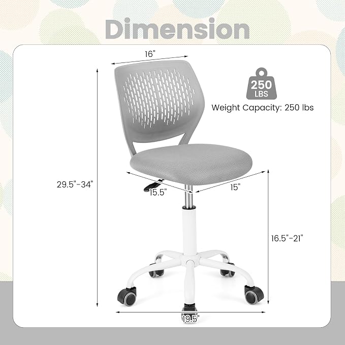 POWERSTONE Small Home Office Desk Chair, Swivel Rolling Study Computer Chair, Adjustable Height Task Chair with Armless Mid Back, Upholstered Mesh Seat, Grey