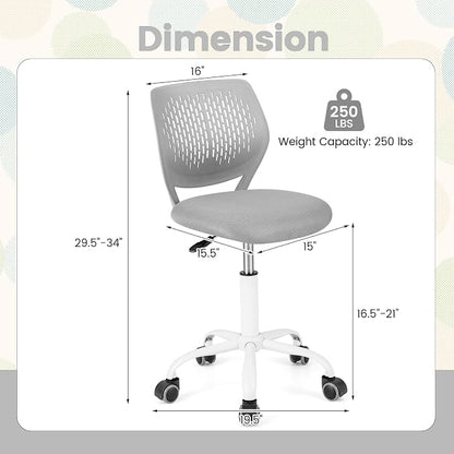 POWERSTONE Small Home Office Desk Chair, Swivel Rolling Study Computer Chair, Adjustable Height Task Chair with Armless Mid Back, Upholstered Mesh Seat, Grey