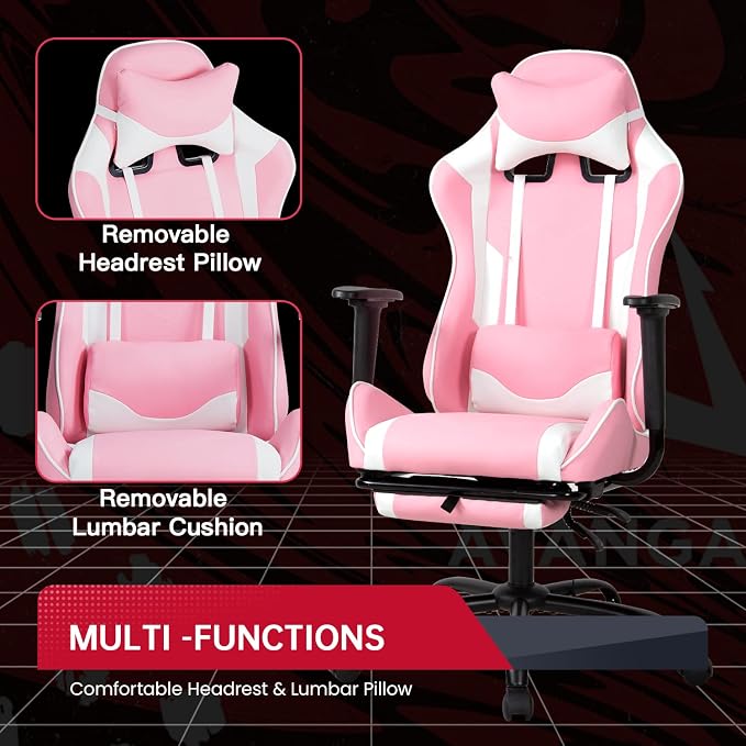 BestOffice | Ergonomic Gaming Chair | Pink | Reclining Computer Chair with Lumbar Support, Headrest Pillow, Adjustable Footrests | 360 Swivel with Heavy Duty Wheels | for Home & Office