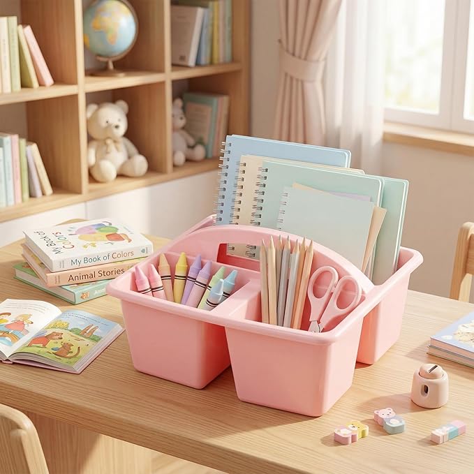 Kathfly 6 Pack Classroom Caddy Organizer with Handle, Plastic Art Craft Cleaning Caddy Bulk, Small Multipurpose Supply Organization Storage Basket for Table Desk Office Pencil Teacher (Macaron Color)