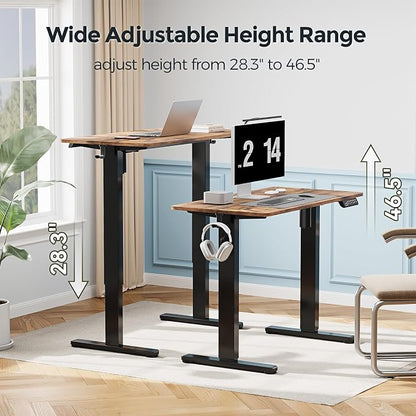 Small Electric Standing Desk, 35" ×20" Standing Table, Height Adjustable Compact Sit Stand Workstation with Splice Board, Home Office Desk with 2 Hooks, Rustic Brown