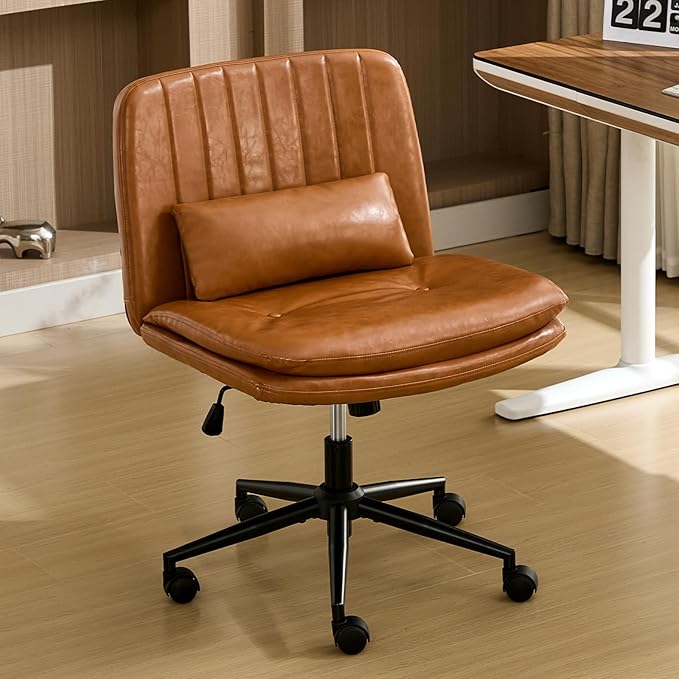 IPKIG Criss Cross Chair, Small Armless Desk Office Computer Chair with Wheels and Lumbar Pillow, Comfy Adjustable Swivel Task Vanity Chair Faux Leather, Brown