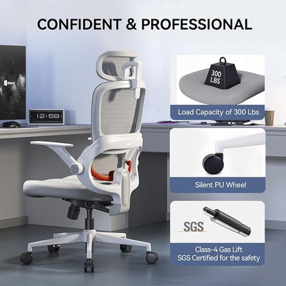 SIHOO B100 SE Office Chair, Desk Chair with Adaptive Lumbar Support & 2D Flip-up Armrests, 135° tilt Soft Memory Foam Erogonomic Chair for Home Office,Hold 300 LBS-White