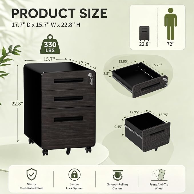 SAWJEC 3 Drawer File Cabinet with Lock, Rolling Printer Stand Under Desk, Fully Assembled Mobile Filing Cabinet fits Legal/Letter Size, Black Home Office Storage, 18" D x 167" W x 23" H