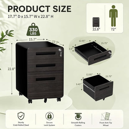 SAWJEC 3 Drawer File Cabinet with Lock, Rolling Printer Stand Under Desk, Fully Assembled Mobile Filing Cabinet fits Legal/Letter Size, Black Home Office Storage, 18" D x 167" W x 23" H