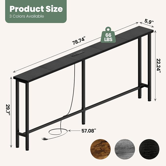GRLEAF 78" Sofa Table with Built-in Power Strip (2 AC Outlets & 2 USB Ports) – 4.9ft Power Cord, Metal Frame, Easy Assembly, Long Couch Table Behind Sofa, Hallway, Living Room and Home Office | Black
