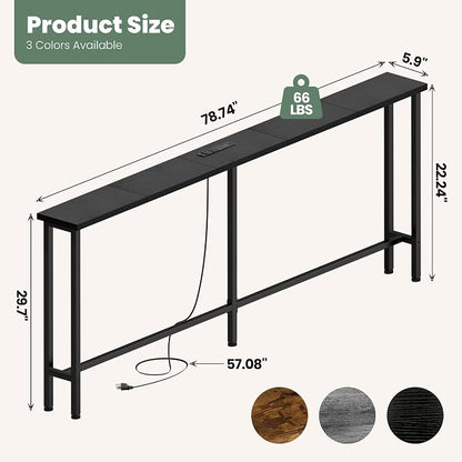 GRLEAF 78" Sofa Table with Built-in Power Strip (2 AC Outlets & 2 USB Ports) – 4.9ft Power Cord, Metal Frame, Easy Assembly, Long Couch Table Behind Sofa, Hallway, Living Room and Home Office | Black