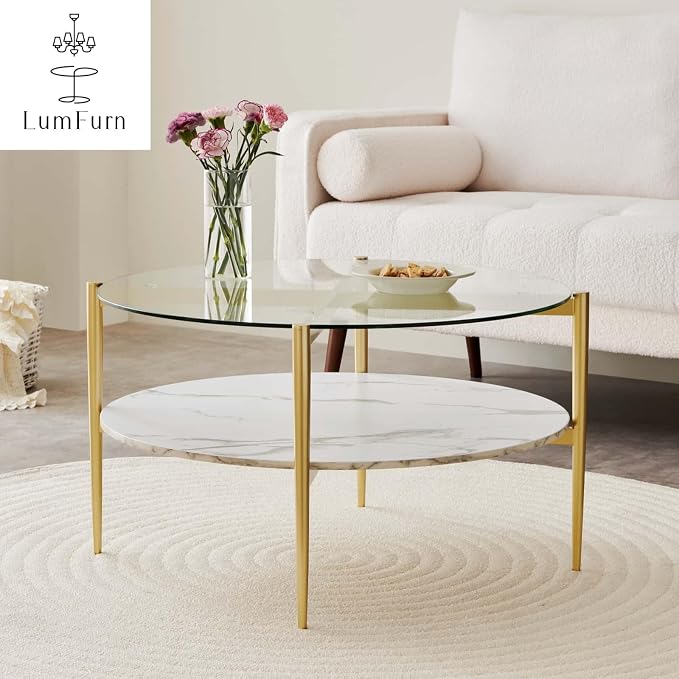 LumFurn Round Coffee Table for Living Room, Mid-Century Modern Design, D30 x H17, 2-Tier Structure, Clear Glass Top and White Marble Finish Wood Shelf, Sleek Conical Metal Legs with Gold Finish Frame