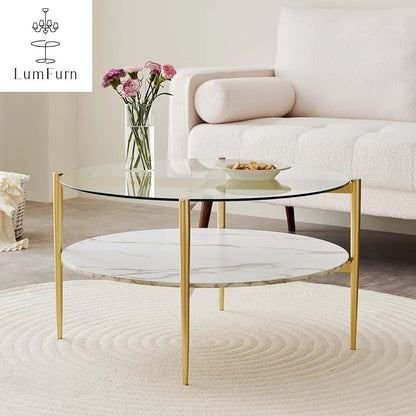 LumFurn Round Coffee Table for Living Room, Mid-Century Modern Design, D30 x H17, 2-Tier Structure, Clear Glass Top and White Marble Finish Wood Shelf, Sleek Conical Metal Legs with Gold Finish Frame