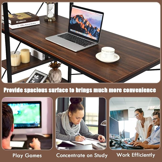 Tangkula Computer Desk with 4 Tier Shelves, Study Writing Desk with Storage Bookshelves, Modern Compact Home Office Workstation, 47.5" Tower Desk with Steel Frame & Adjustable Feet Pad, Teak