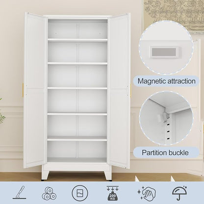 White Metal Storage Cabinet,75" Steel Cabinets for Home Office, Kitchen Pantry Storage Cabinet with Doors and 5 Adjustable Shelves, Tool Cabinets, for Office, Home, Garage, School
