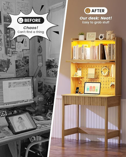 HNEBC Natural Computer Desk - with Power Outlets & Chariging Station,Small Writing Desk with Hutch and Drawers,66.3''H Office Desk with Pull-Out LED Lights,Pop-up Glass Door,Pegboards,Bedroom