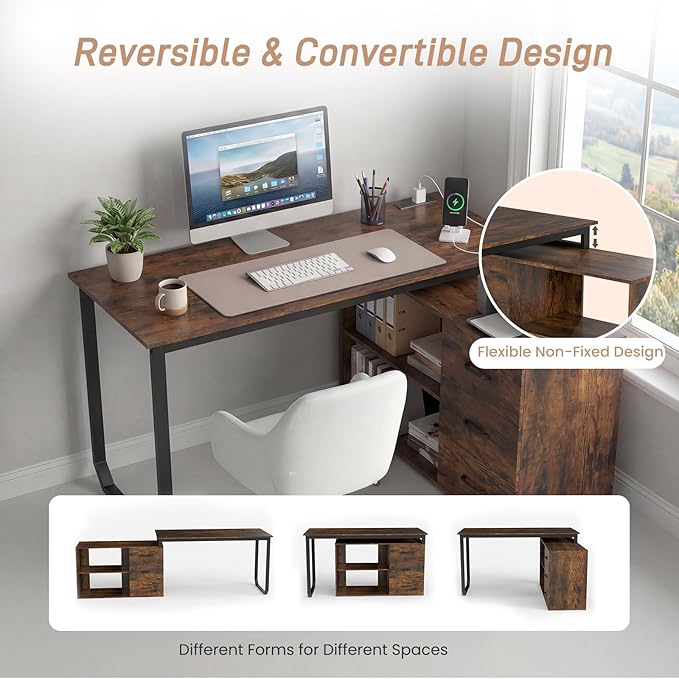 GOFLAME Reversible L Shaped Computer Desk with Charging Station, 55” Home Office Desk with 3 Drawers, 3-Level Adjustable Shelf, Convertible Study Writing Desk for Small Space, Rustic Brown