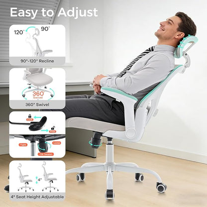 Office Chair,Ergonomic Office Desk Chair with 2D Adjustable Lumbar Support,3D Headrest,2D Arms,330LBS High Back Mesh Computer Home Office Chairs Rolling Tilting Swivel Executive Chairs Grey