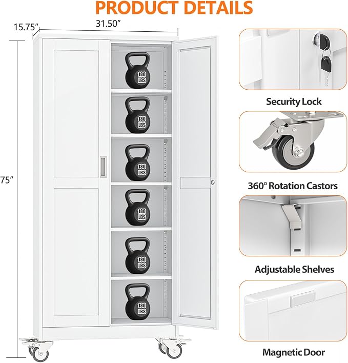 pozdeg 75" Metal Garage Storage Cabinets with Wheels, Lockable Rolling File Cabinets with 2 Doors and 5 Adjustable Shelves, Steel Tool Organizer Locker for Office Home Garage Gym School, White