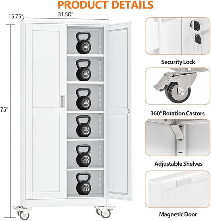 pozdeg 75" Metal Garage Storage Cabinets with Wheels, Lockable Rolling File Cabinets with 2 Doors and 5 Adjustable Shelves, Steel Tool Organizer Locker for Office Home Garage Gym School, White