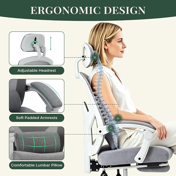 Ergonomic Office Chair with Footrest, High Back Home Desk Computer Chair with Lumbar Support & Headrest, 90-135° Reclining Mesh Back with Wheels for Work, Gaming, Grey
