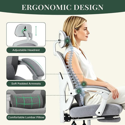 Ergonomic Office Chair with Footrest, High Back Home Desk Computer Chair with Lumbar Support & Headrest, 90-135° Reclining Mesh Back with Wheels for Work, Gaming, Grey