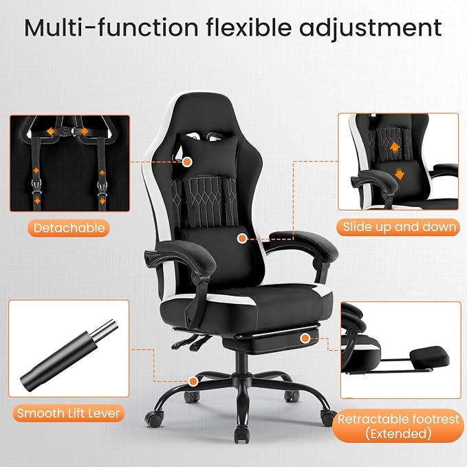 NEWBULIG Gaming Chair with Footrest – High Back Ergonomic Computer Desk Chair with Lumbar Support, Headrest, Linkage Armrests, Reclining Office Chair with 360° Swivel & Height Adjustment, Blake