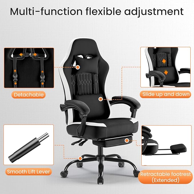 Sweetcrispy Computer Gaming Chair: Ergonomic Desk Chair with Footrest and Lumbar Support, High Back Height Adjustable with Linkage Armrests and Headrest, 360° Swivel Wheels, Black