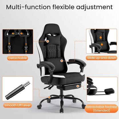 Sweetcrispy Computer Gaming Chair: Ergonomic Desk Chair with Footrest and Lumbar Support, High Back Height Adjustable with Linkage Armrests and Headrest, 360° Swivel Wheels, Black