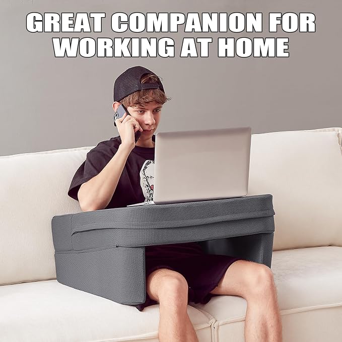 comehealthy Lap Desk for Laptop, Reading Pillow for Adult, Memory Foam Gaming Pillow with Cup Holder, Arm Rest Couch Pillow for Working, Gaming, Reading, Laptop Desk for Couch Bed Floor(Grey)