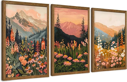 ICHZUMW Framed Boho Abstract Landscape Mountain and Floral Canvas Wall Art Set of 3, Colorful Nature Botanical Paintings Artwork, Large Wildflower Wall Decor for Living Room Bedroom Office, 20x30in