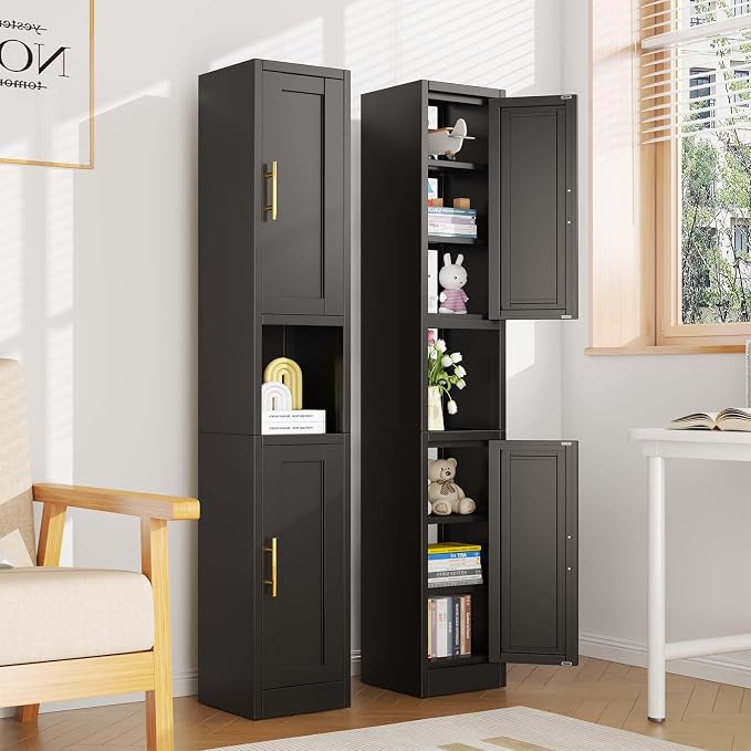 pozdeg 67" Tall Narrow Storage Cabinet Metal Bathroom Cabinet with 2 Doors & 4 Adjustable Shelves, Standing Pantry Cabinets Cupboard for Kitchen, Dining Room, Living Room and Bathroom (Black)