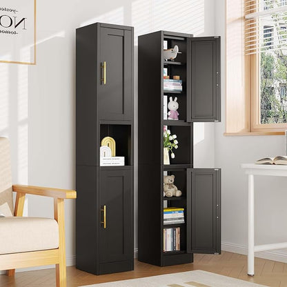 pozdeg 67" Tall Narrow Storage Cabinet Metal Bathroom Cabinet with 2 Doors & 4 Adjustable Shelves, Standing Pantry Cabinets Cupboard for Kitchen, Dining Room, Living Room and Bathroom (Black)