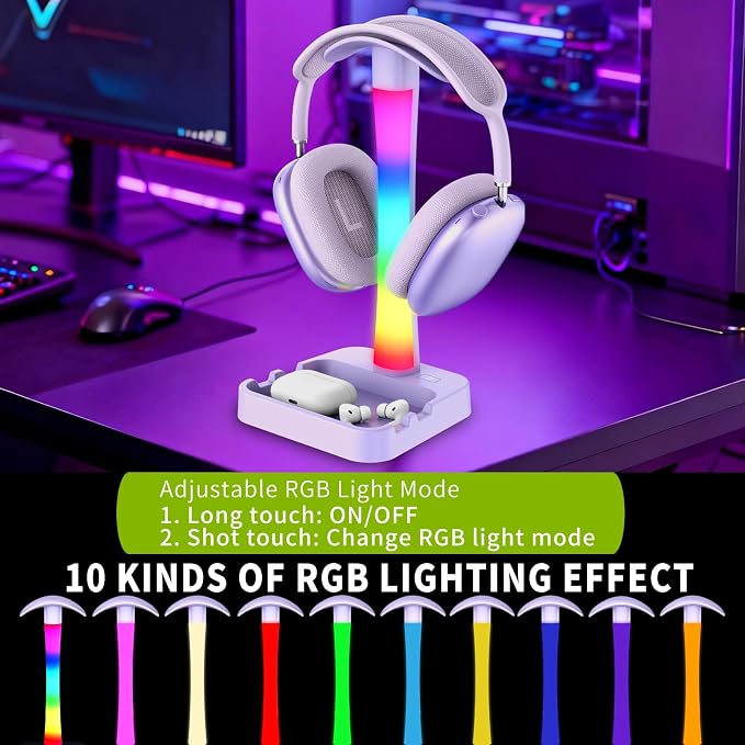 Headphone Stand with Charger,Gaming Headset stand with RGB Light Mode,For Airpod Max Stand,Desk Lamp,Phone Holder,Tablet Holder,desktop organizer,Gifts for Gamers & Music Lover (Purple)