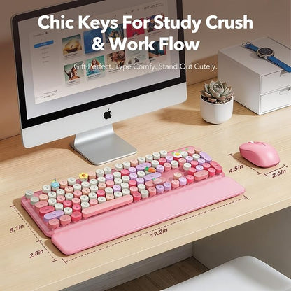 Wireless Keyboard and Mouse Combo, Cute Retro Typewriter Keyboard with Round Keycaps and Magnetic Wrist Rest, Full-Size 2.4GHz Cordless for Mac, Windows PC, Laptop, SABLUTE CK23, Pink Multi-Color