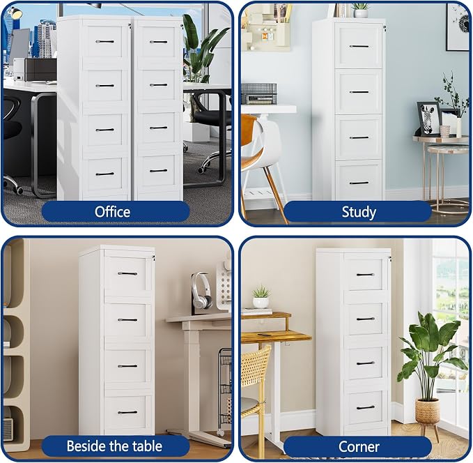 Ckzbx 4 Drawer File Cabinet with Lock, Narrow Vertical Filing Cabinet, Under Desk File Cabinets,White Metal File Cabinets for Home Office,Fit Letter/A4/Legal Size File