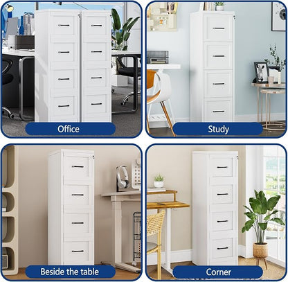 Ckzbx 4 Drawer File Cabinet with Lock, Narrow Vertical Filing Cabinet, Under Desk File Cabinets,White Metal File Cabinets for Home Office,Fit Letter/A4/Legal Size File