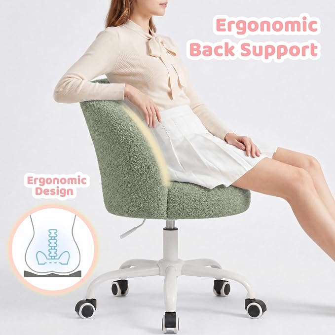 DurayLoly Armless Vanity Chair with Wheels, Ultra-Soft Teddy Fleece, Adjustable Height & 360°Swivel, Rolling Desk Chair for Bedroom, Dorm & Vanity Table, Ideal for Teens & Adults, Sage Green